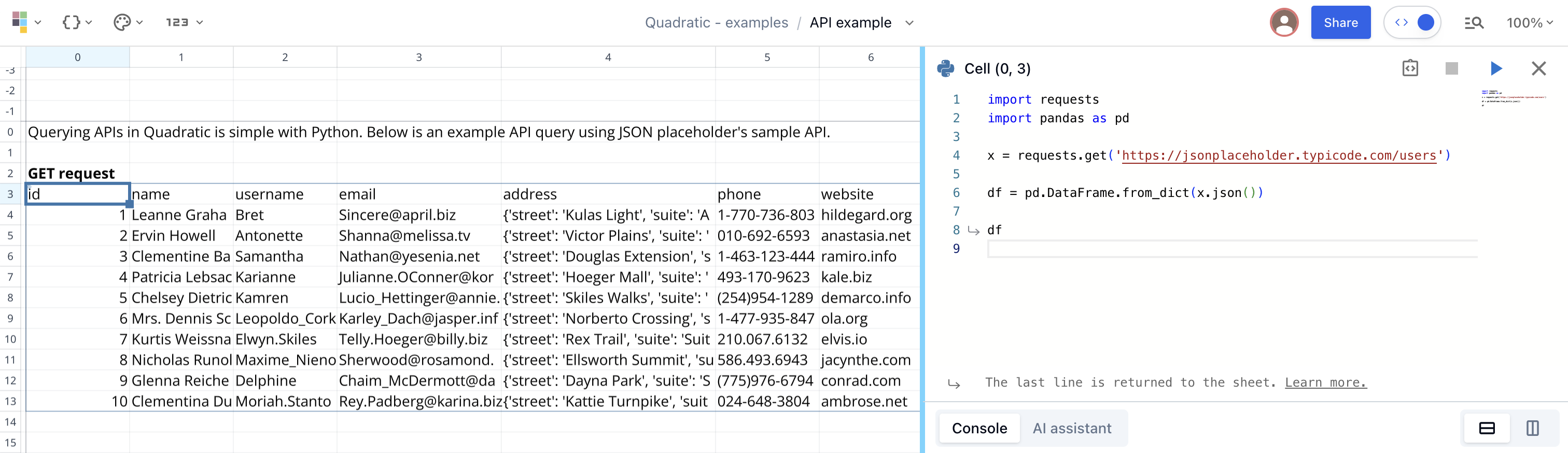 Image of spreadsheet returning data from API.