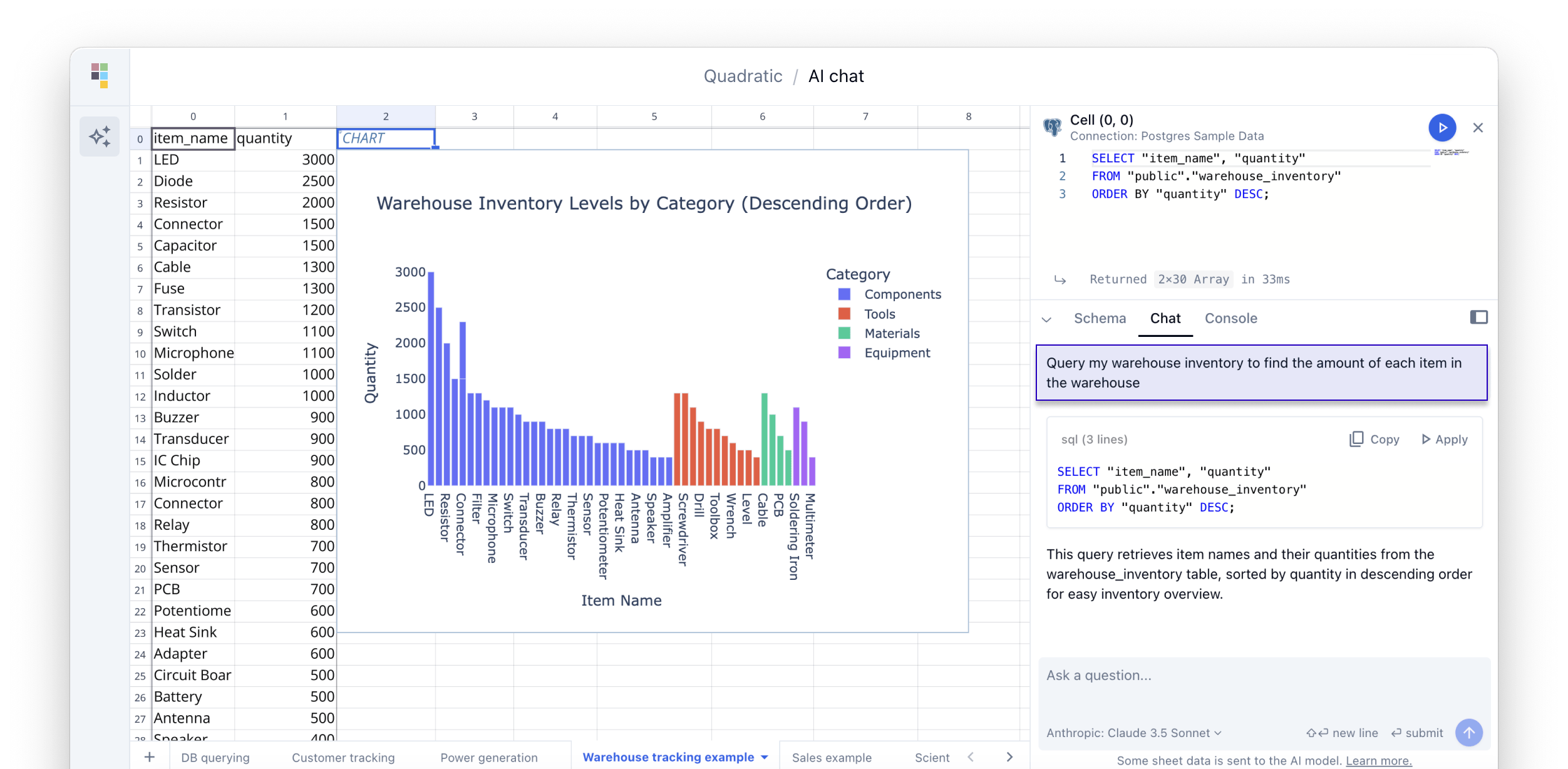 Image of Python code to build a dashboard in Quadratic.