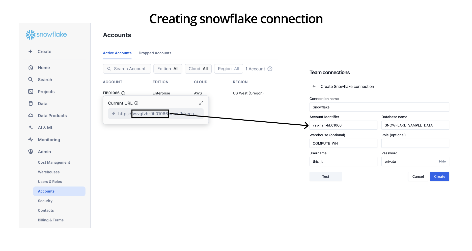 Image of a guide for creating a Snowflake connection.