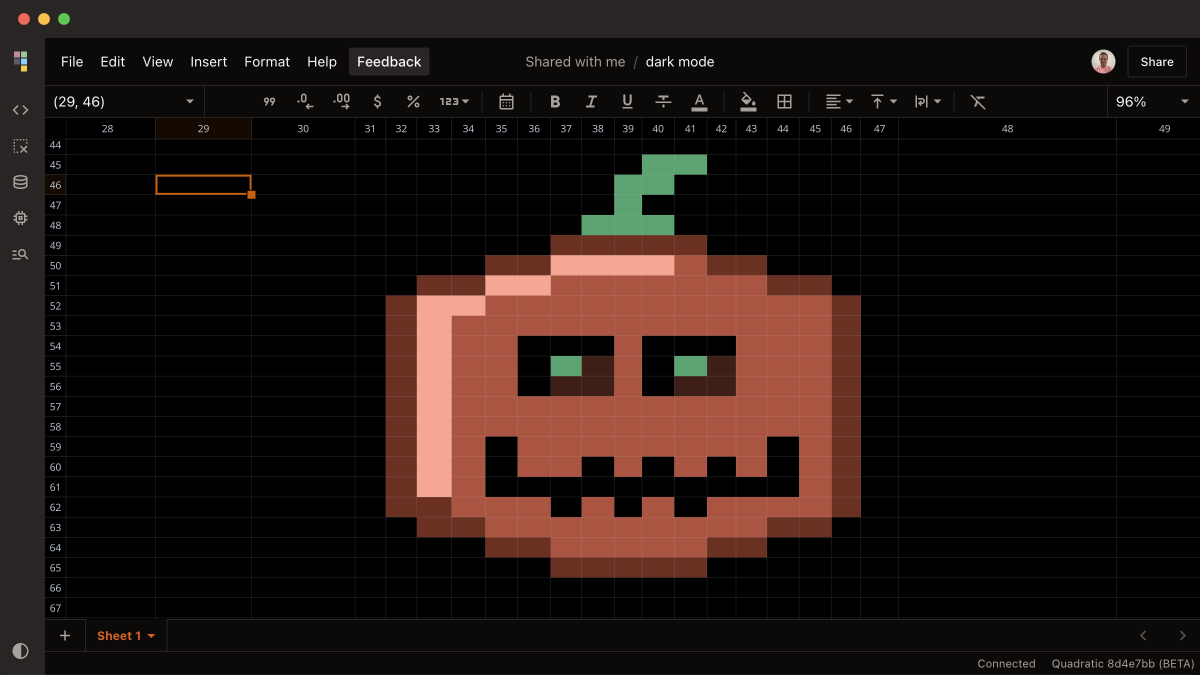 Cover art for the blog post: Dark mode spreadsheet: Quadratic Halloween update