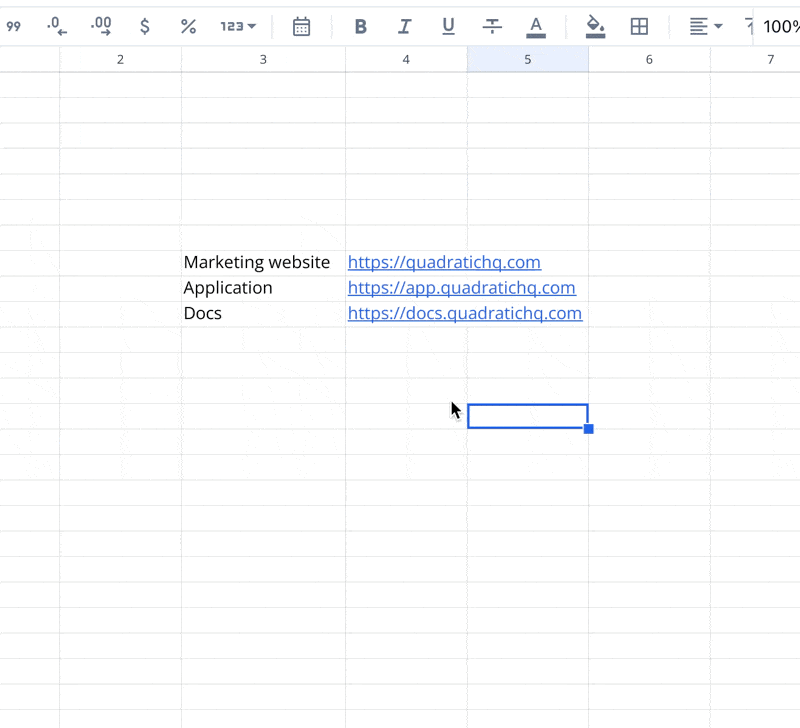 Gif of inserting and deleting a column in a Quadratic spreadsheet.