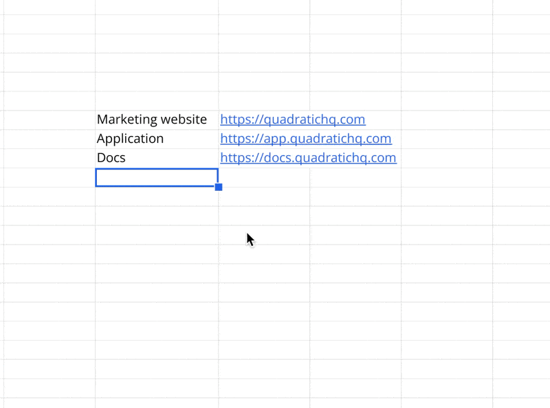 Gif of smart autocomplete using adjacent cells in a Quadratic spreadsheet.