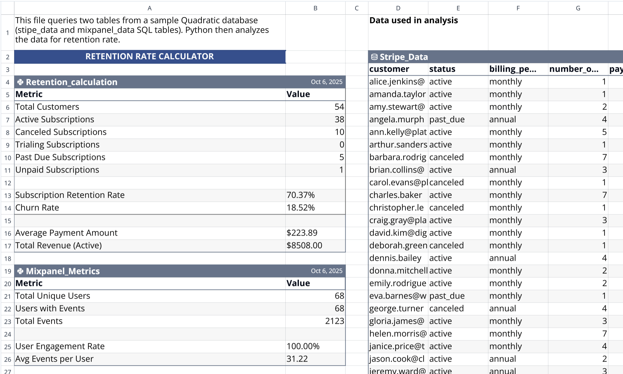 Customer retention rate calculator in Quadratic.
